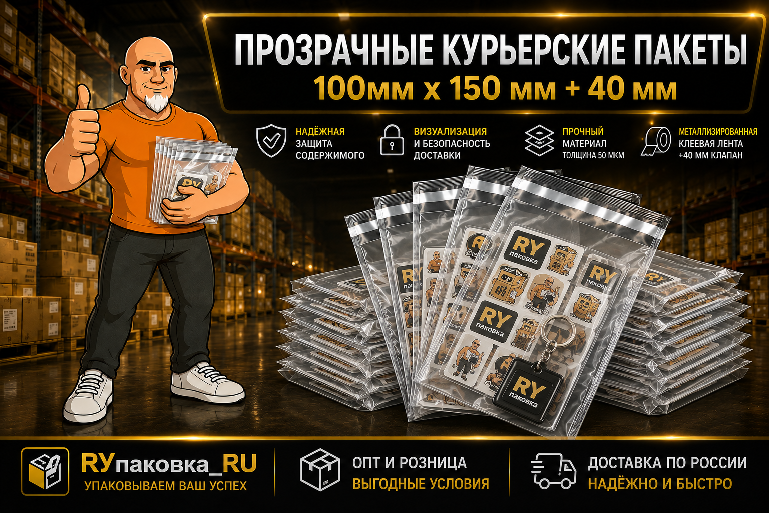 Прозрачный курьерский пакет 100 × 150 мм, клеевой клапан +40 мм, 50 мкм