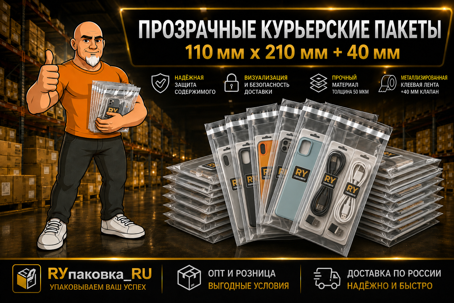 Прозрачный курьерский пакет 110 × 210 мм, клеевой клапан +40 мм, 50 мкм