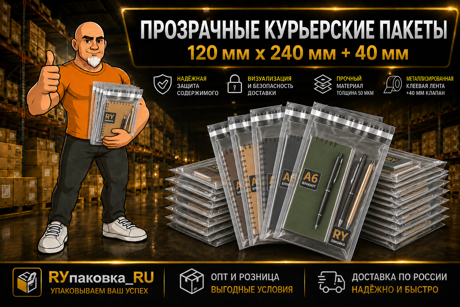 Прозрачный курьерский пакет 120 × 240 мм, клеевой клапан +40 мм, 50 мкм