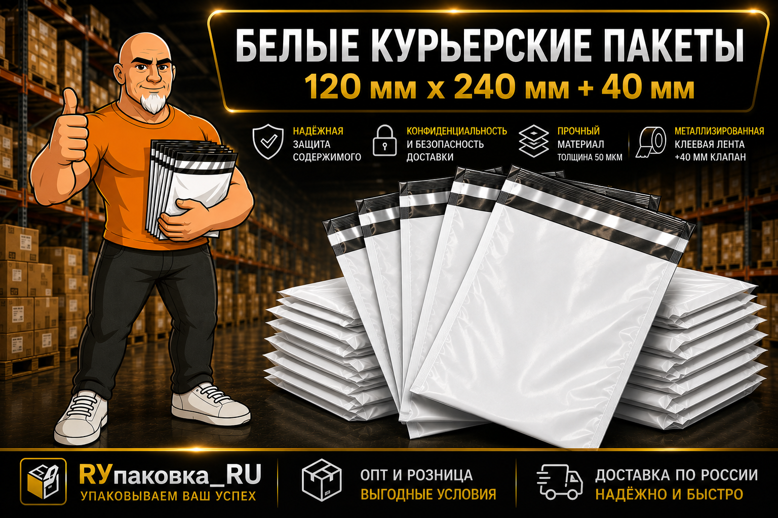 Курьерский пакет 120 × 240 мм, клеевой клапан, 50 мкм
