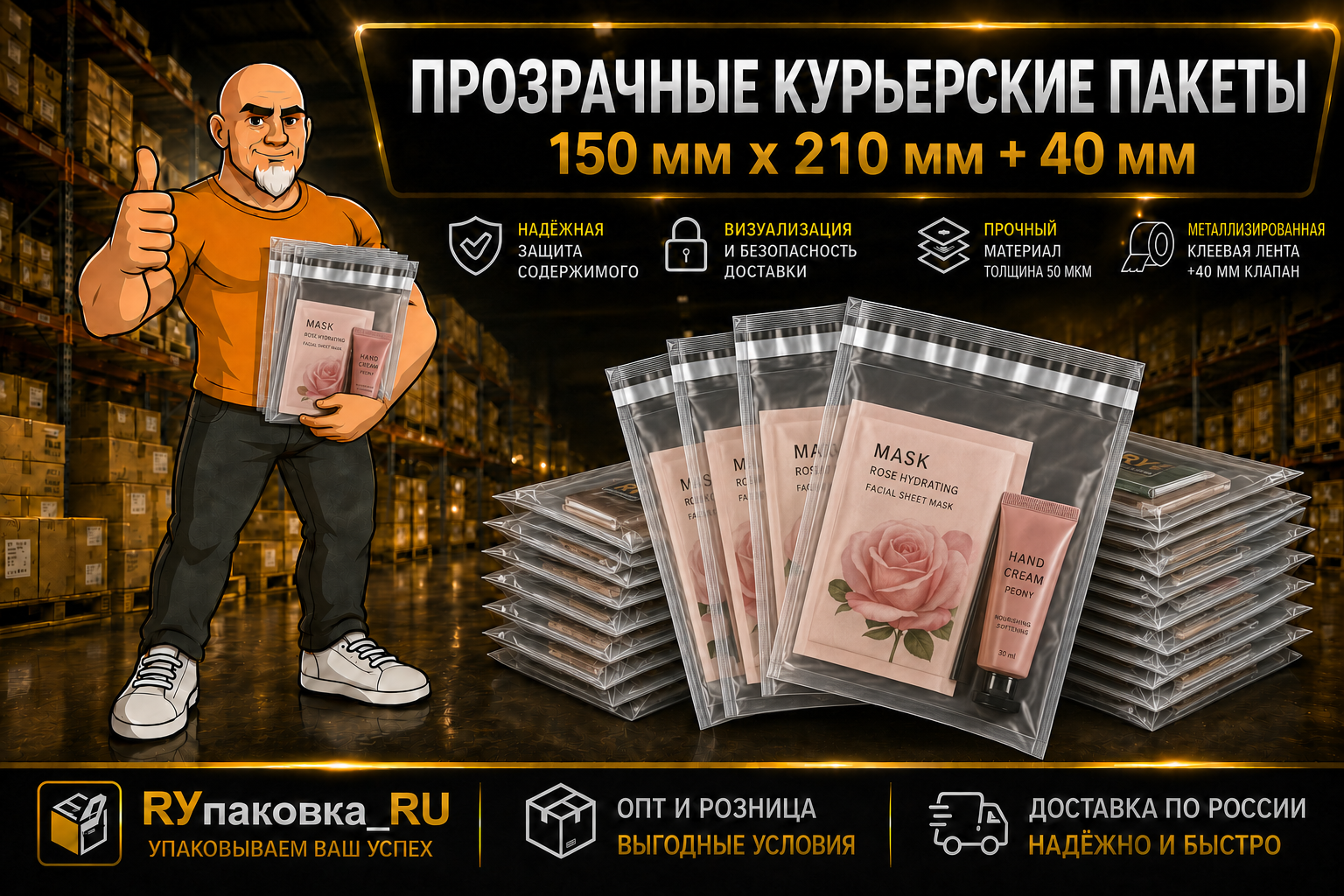 Прозрачный курьерский пакет 150 × 210 мм, клеевой клапан +40 мм, 50 мкм
