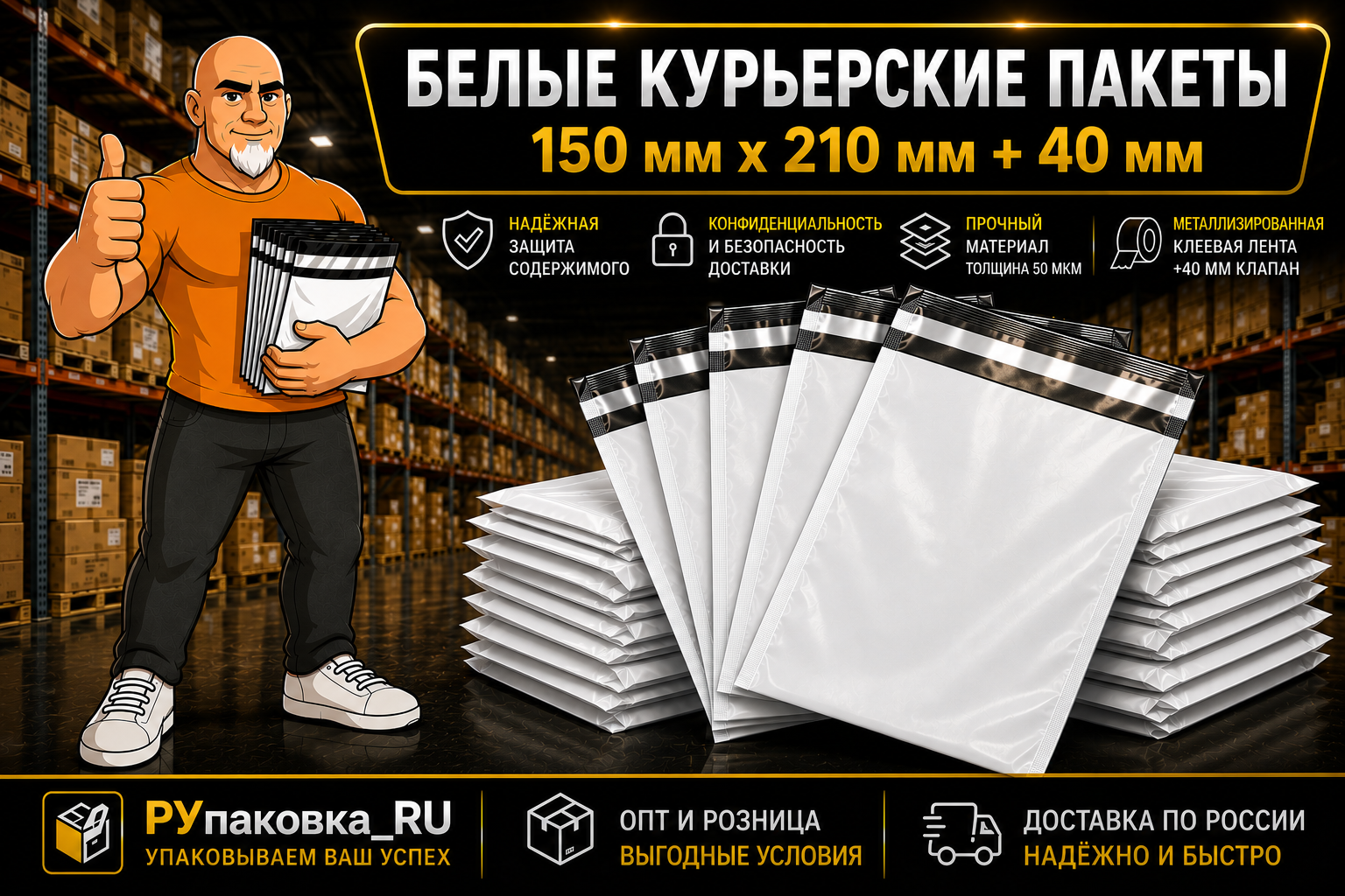 Курьерский пакет 150 × 210 мм, клеевой клапан, 50 мкм