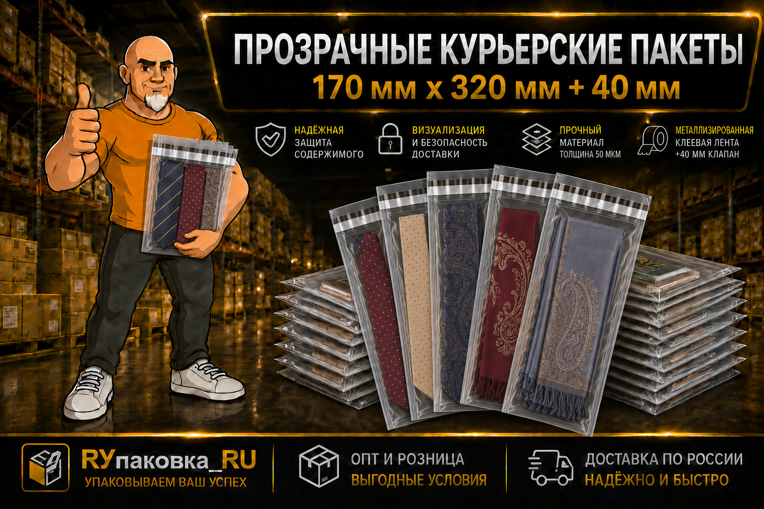 Прозрачный курьерский пакет 170 × 320 мм, клеевой клапан +40 мм, 50 мкм