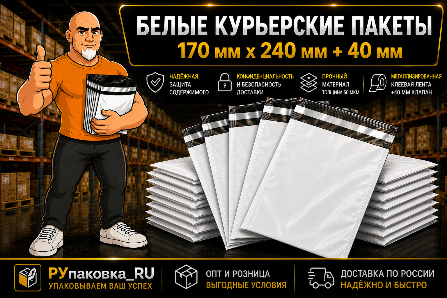 Курьерский пакет 170 × 240 мм, клеевой клапан, 50 мкм