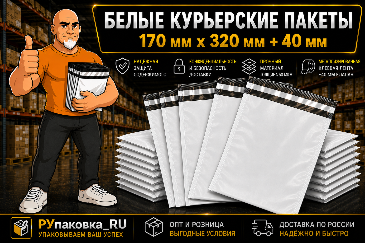 Курьерский пакет 170 × 320 мм, клеевой клапан, 50 мкм