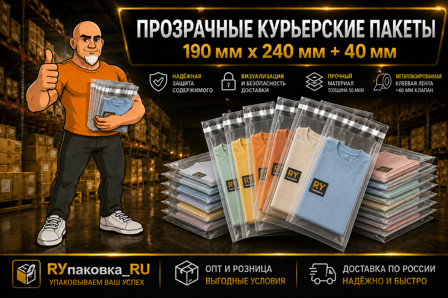Прозрачный курьерский пакет 190 × 240 мм, клеевой клапан +40 мм, 50 мкм