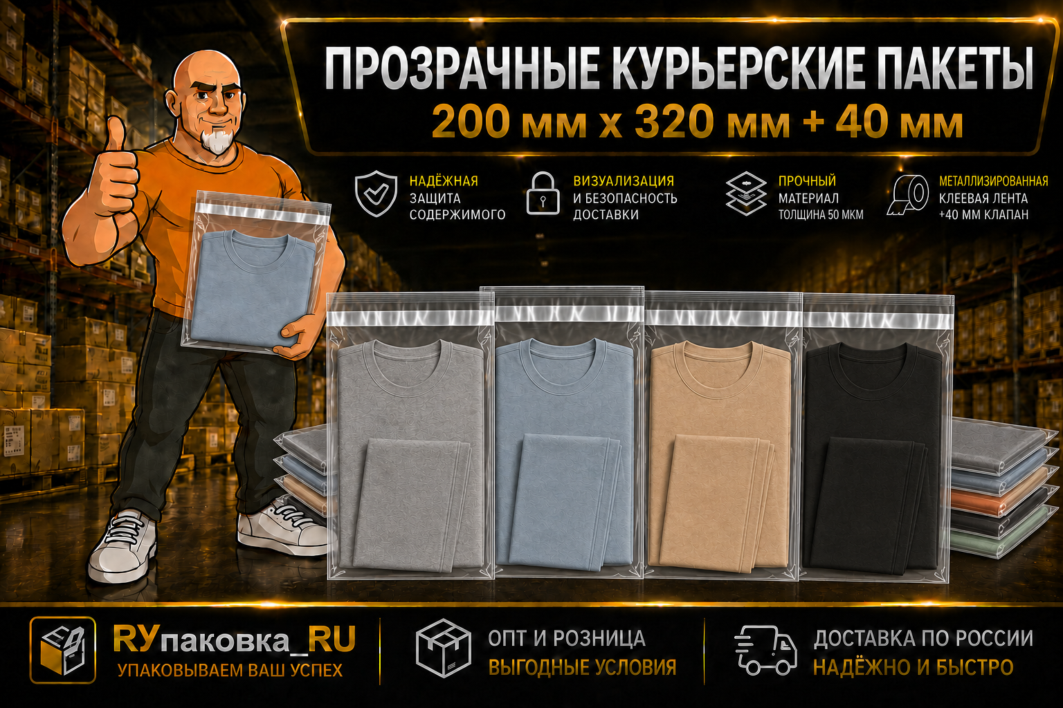 Прозрачный курьерский пакет 200 × 320 мм, клеевой клапан +40 мм, 50 мкм