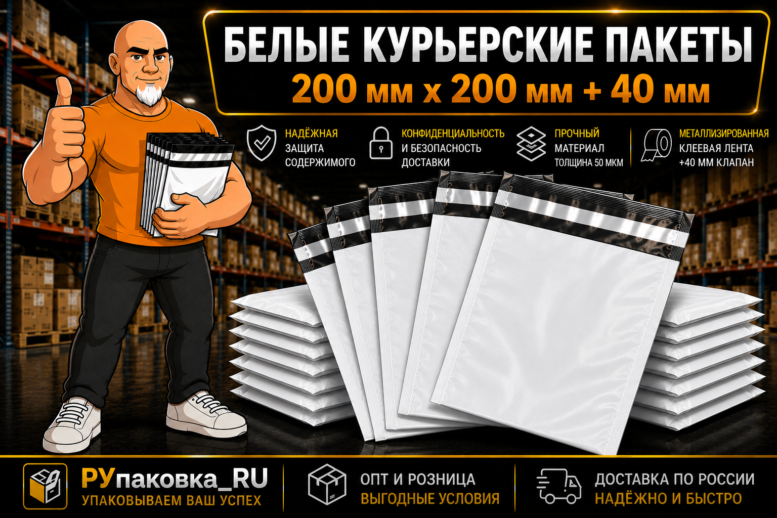 Курьерский пакет 200 × 200 мм, клеевой клапан, 50 мкм