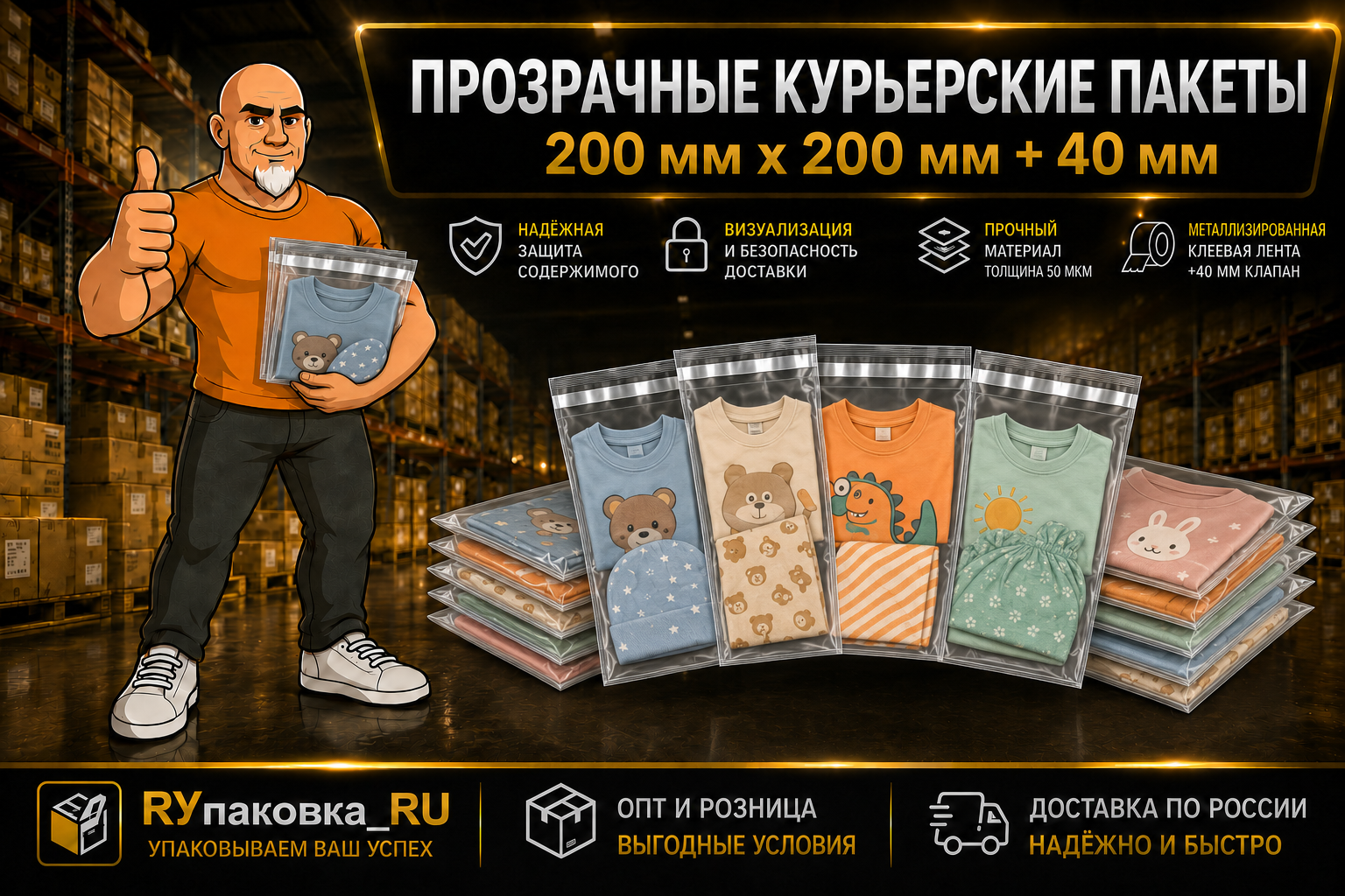 Прозрачный курьерский пакет 200 × 200 мм, клеевой клапан +40 мм, 50 мкм