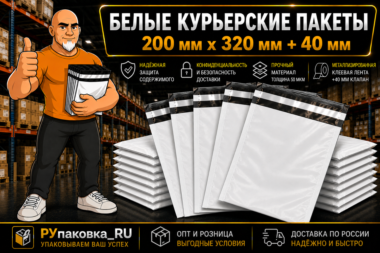 Курьерский пакет 200 × 320 мм, клеевой клапан, 50 мкм