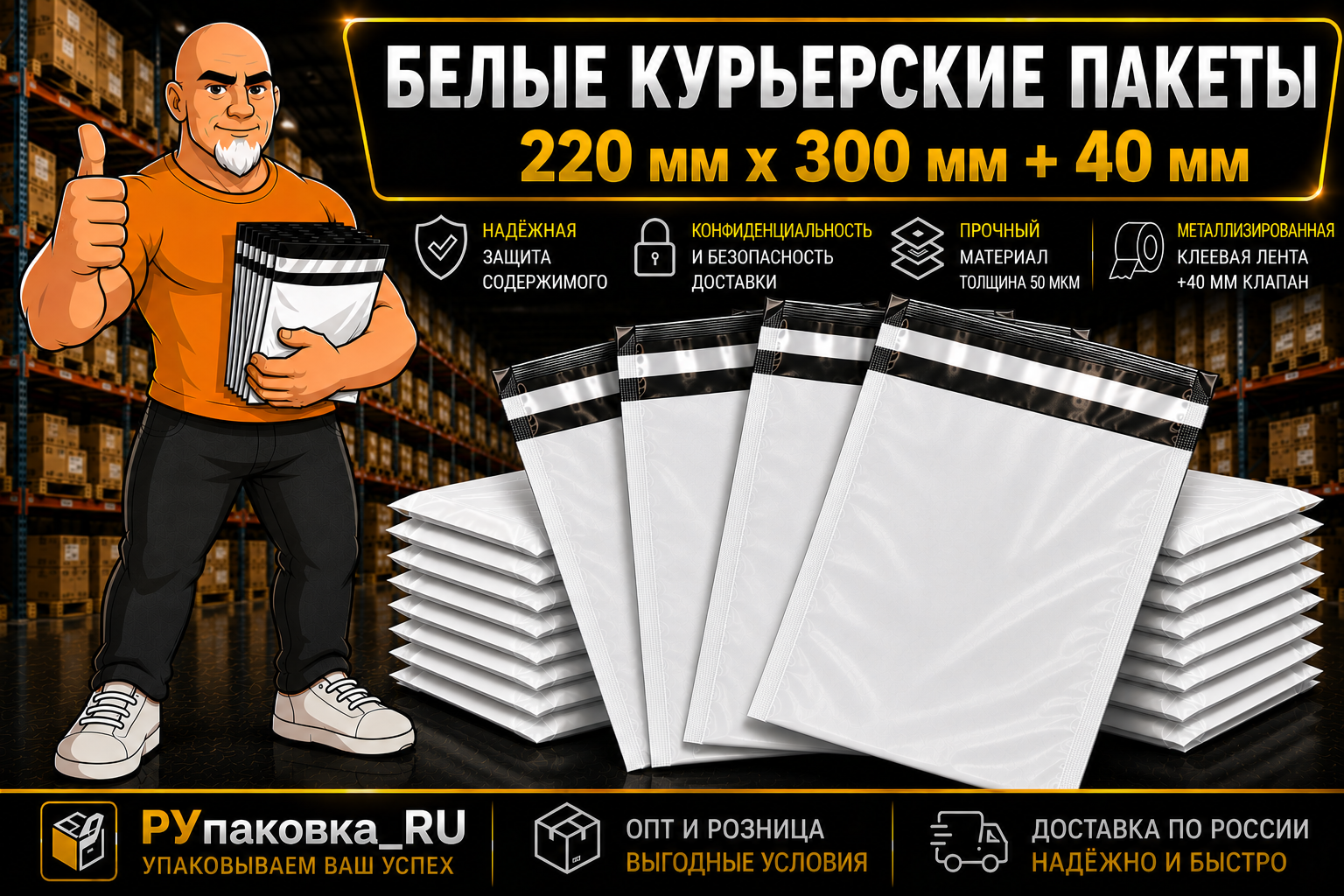 Курьерский пакет 220 × 300 мм, клеевой клапан, 50 мкм