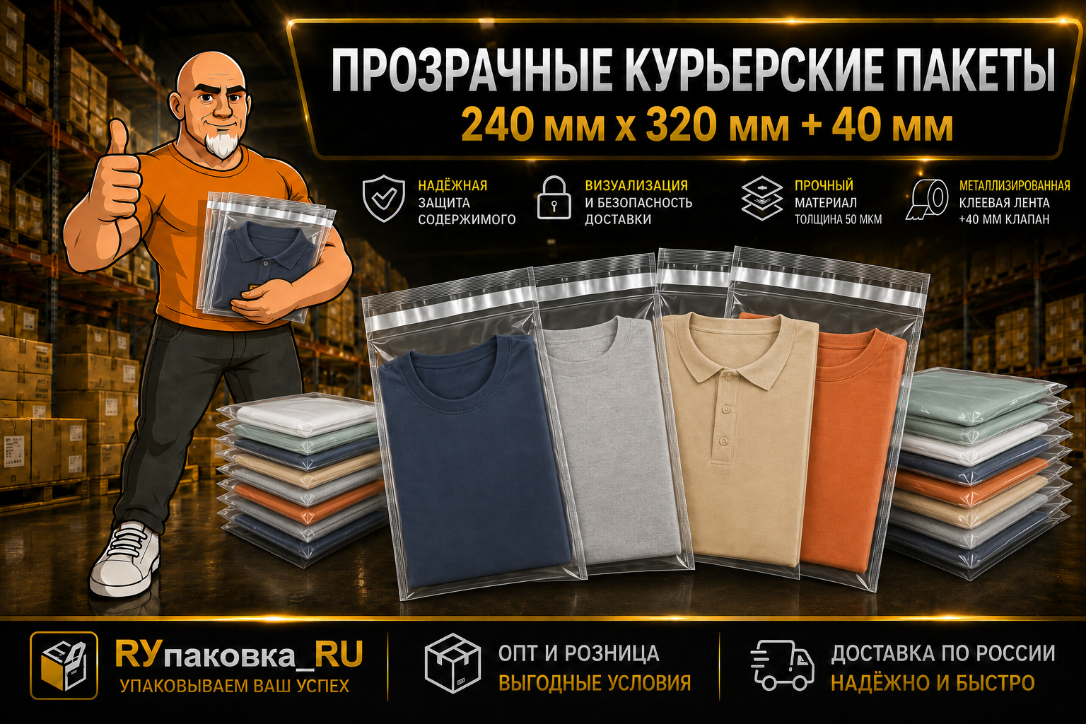 Прозрачный курьерский пакет 240 × 320 мм, клеевой клапан +40 мм, 50 мкм
