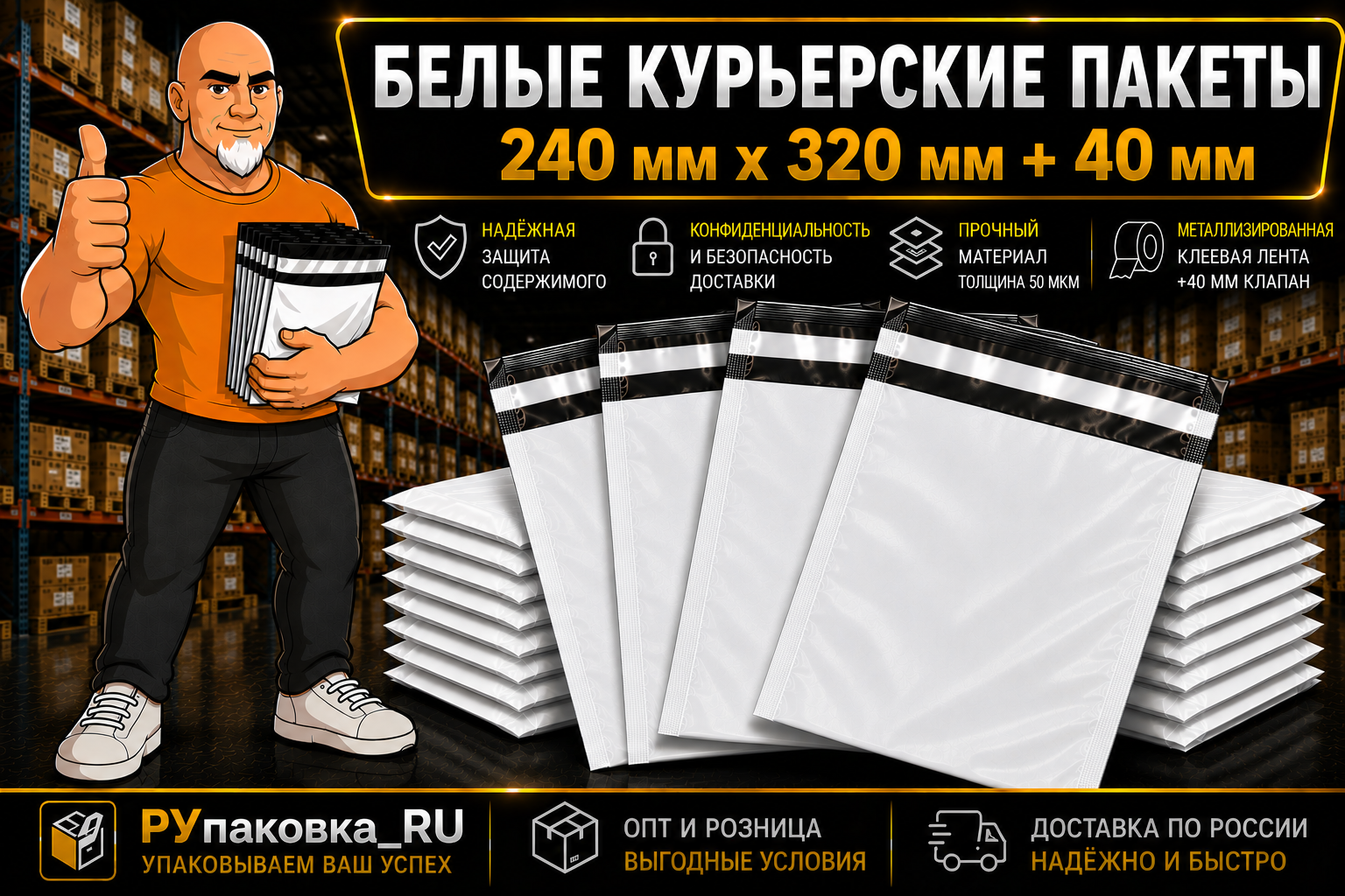 Курьерский пакет 240 × 320 мм, клеевой клапан, 50 мкм