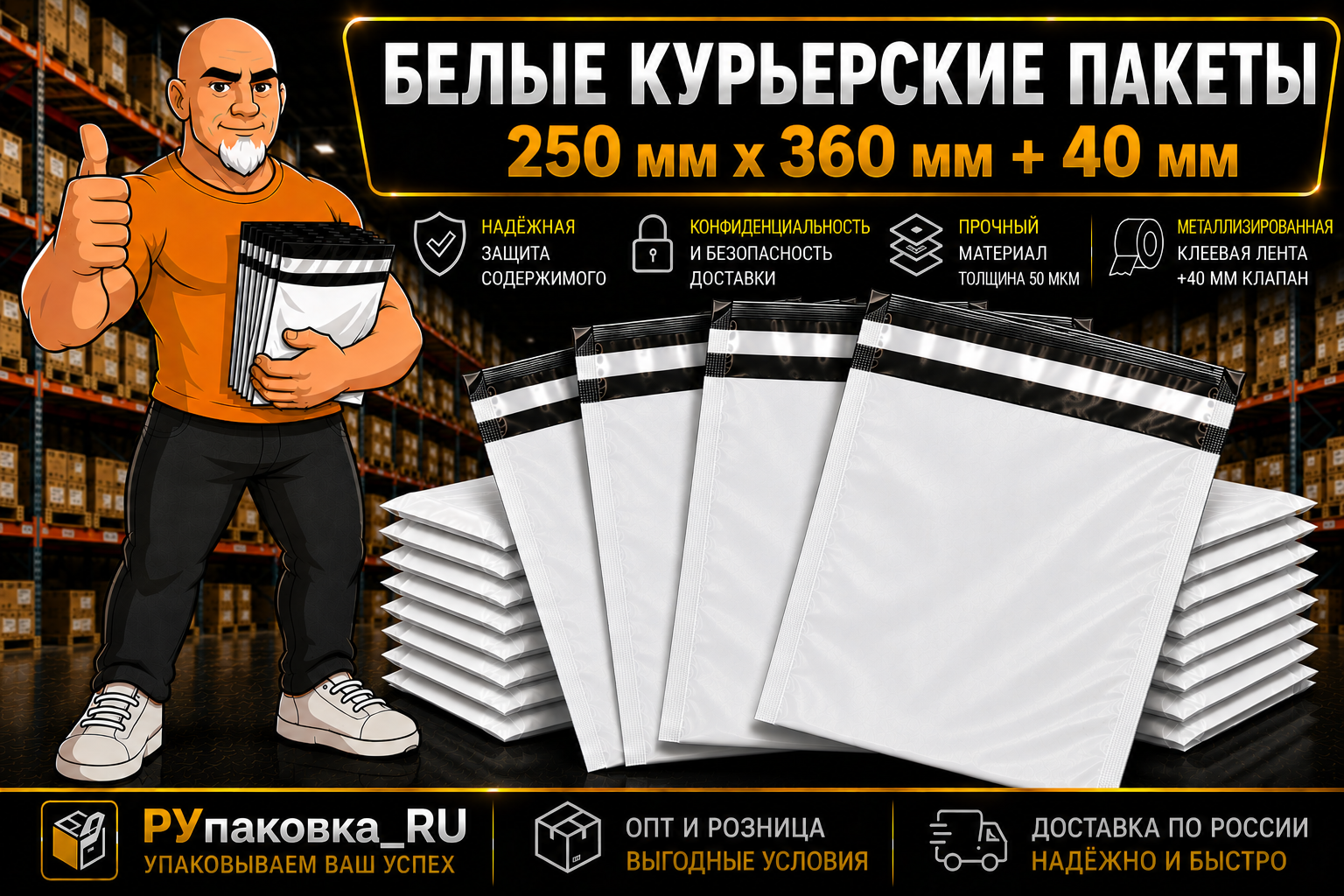 Курьерский пакет 250 × 360 мм, клеевой клапан, 50 мкм