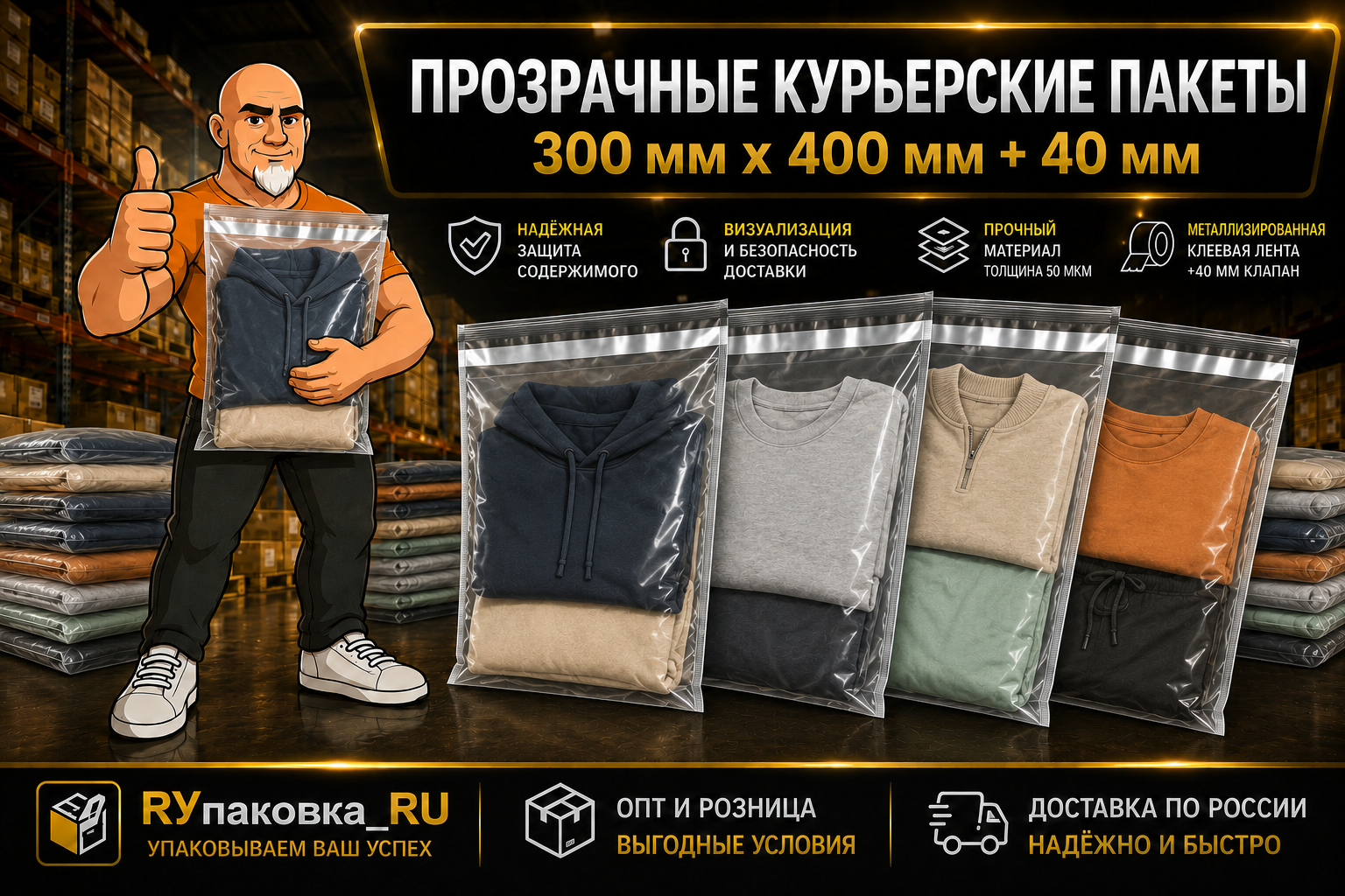 Прозрачный курьерский пакет 300 × 400 мм, клеевой клапан +40 мм, 50 мкм