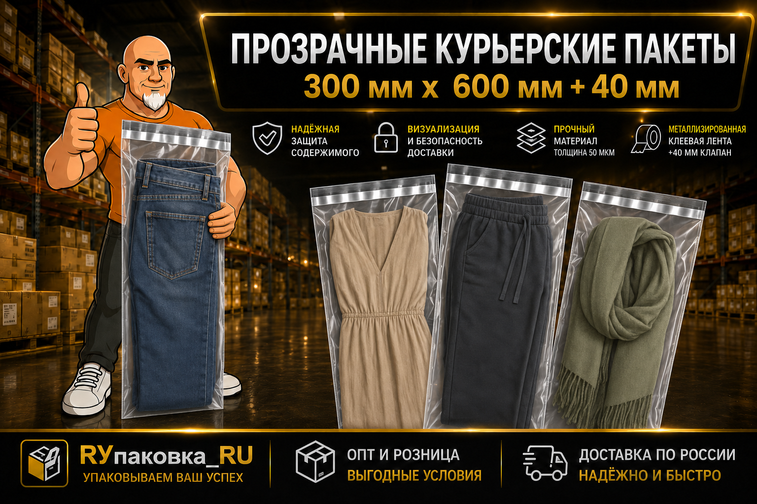 Прозрачный курьерский пакет 300 × 600 мм, клеевой клапан +40 мм, 50 мкм