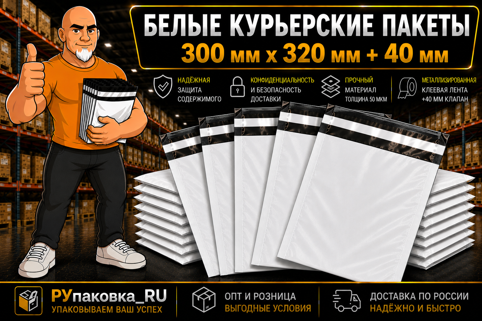 Курьерский пакет 300 × 320 мм, клеевой клапан, 50 мкм