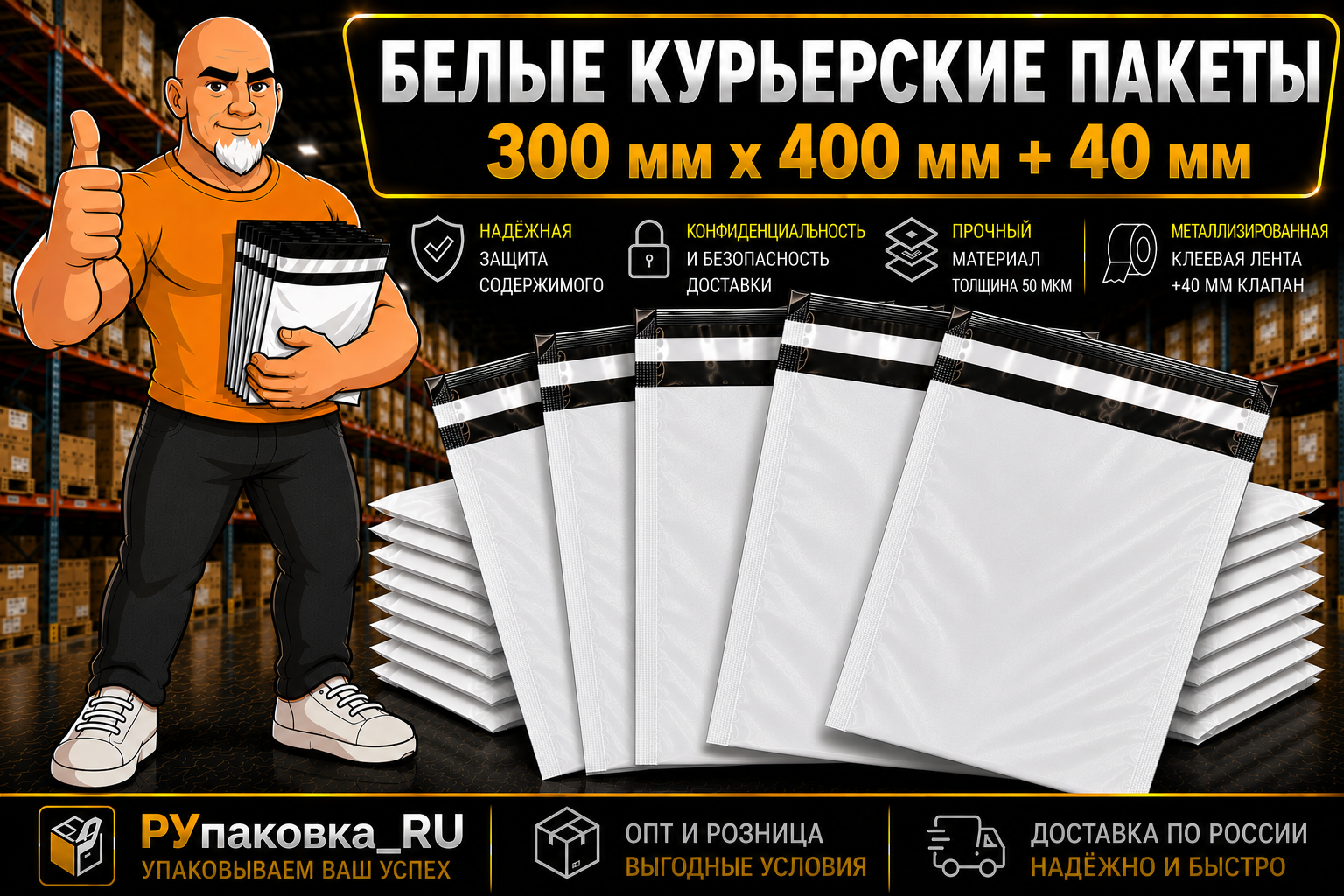 Курьерский пакет 300 × 400 мм, клеевой клапан, 50 мкм