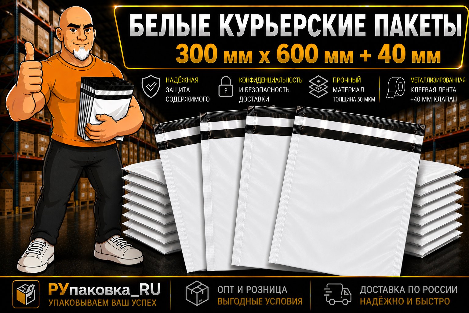 Курьерский пакет 300 × 600 мм, клеевой клапан, 50 мкм