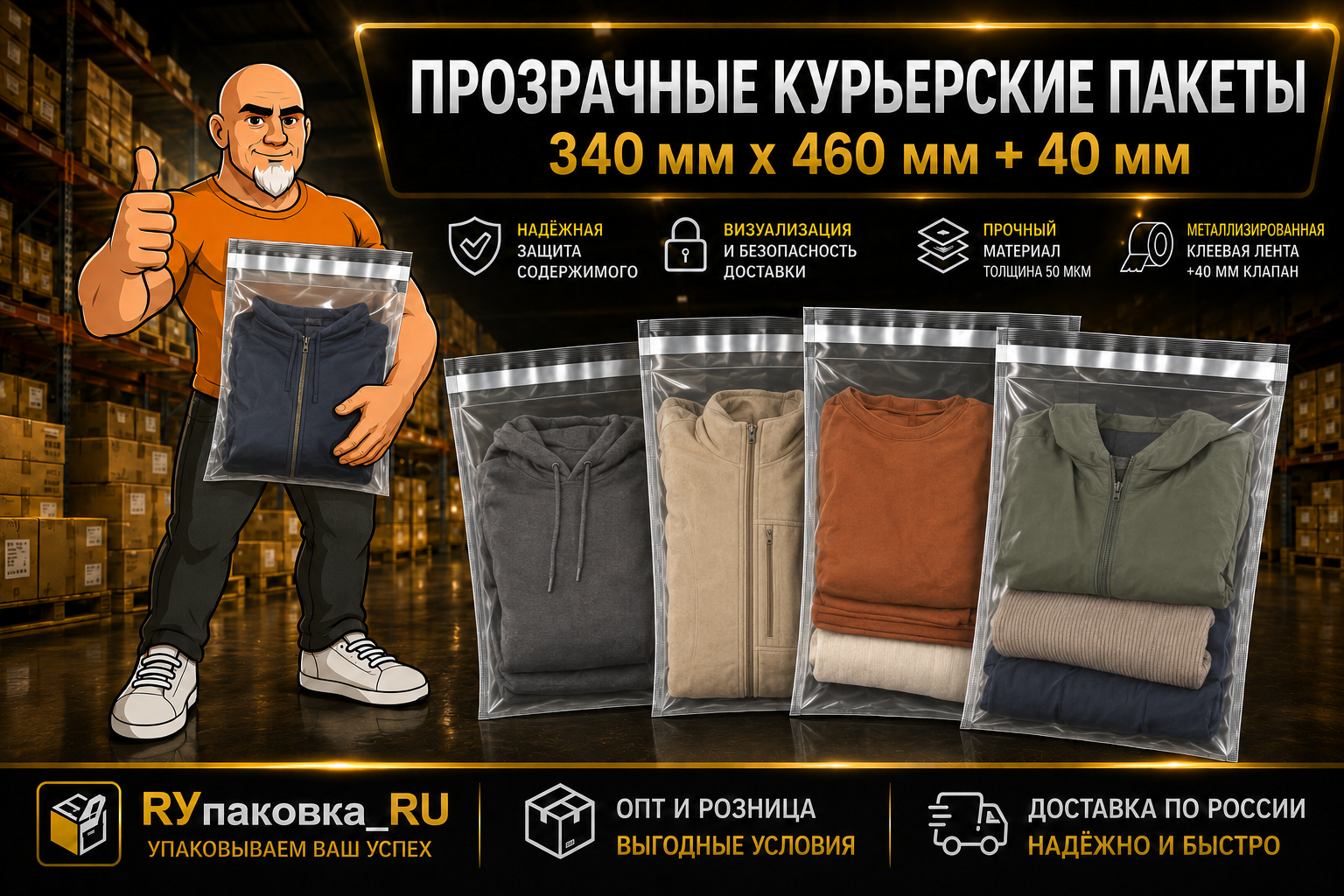 Прозрачный курьерский пакет 340 × 460 мм, клеевой клапан +40 мм, 50 мкм
