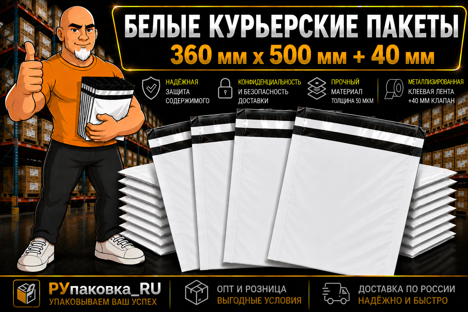 Курьерский пакет 360 × 500 мм, клеевой клапан, 50 мкм