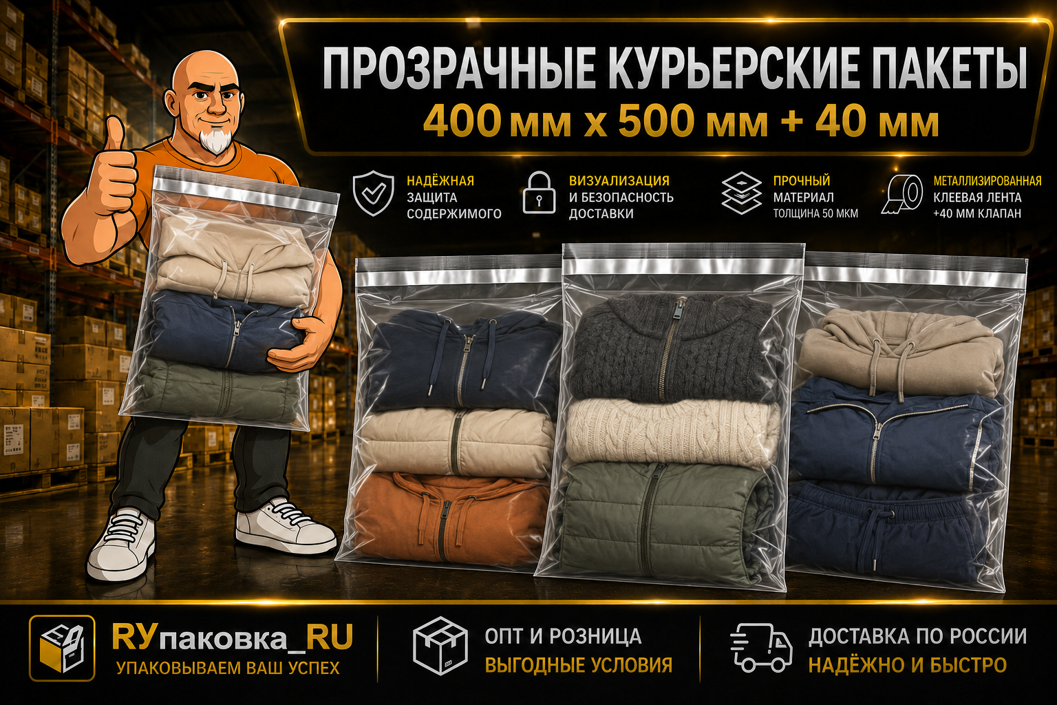 Прозрачный курьерский пакет 400 × 500 мм, клеевой клапан +40 мм, 50 мкм