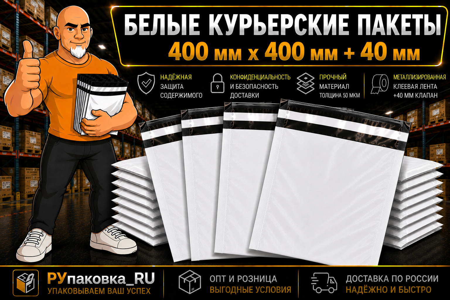Курьерский пакет 400 × 400 мм, клеевой клапан, 50 мкм