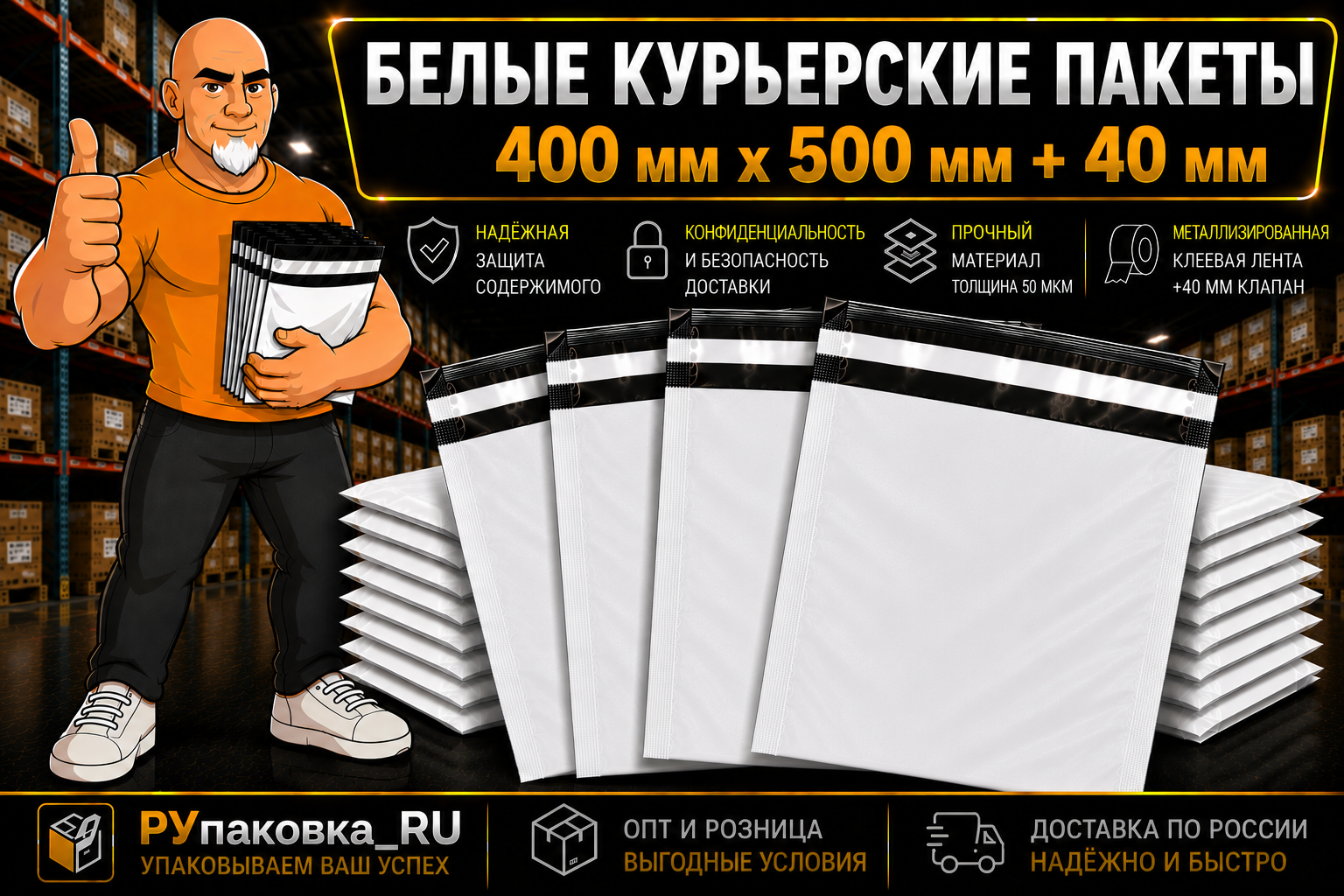 Курьерский пакет 400 × 500 мм, клеевой клапан, 50 мкм
