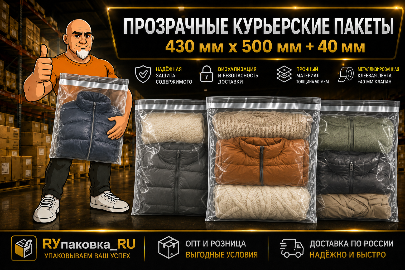 Прозрачный курьерский пакет 430 × 500 мм, клеевой клапан +40 мм, 50 мкм