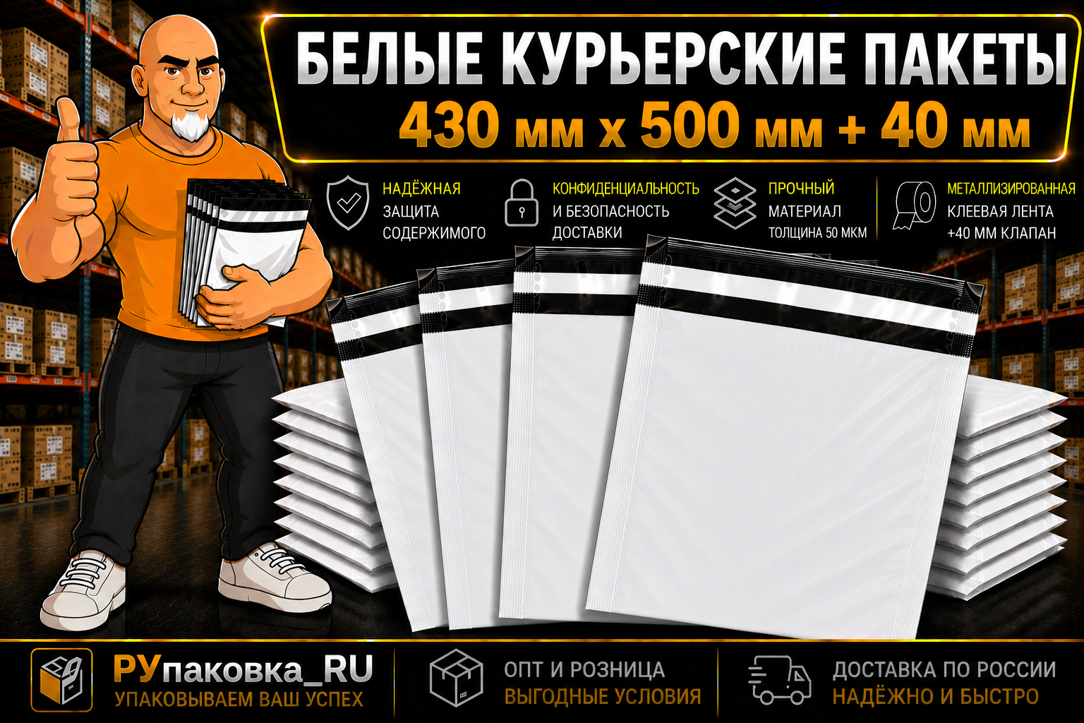 Курьерский пакет 430 × 500 мм, клеевой клапан, 50 мкм