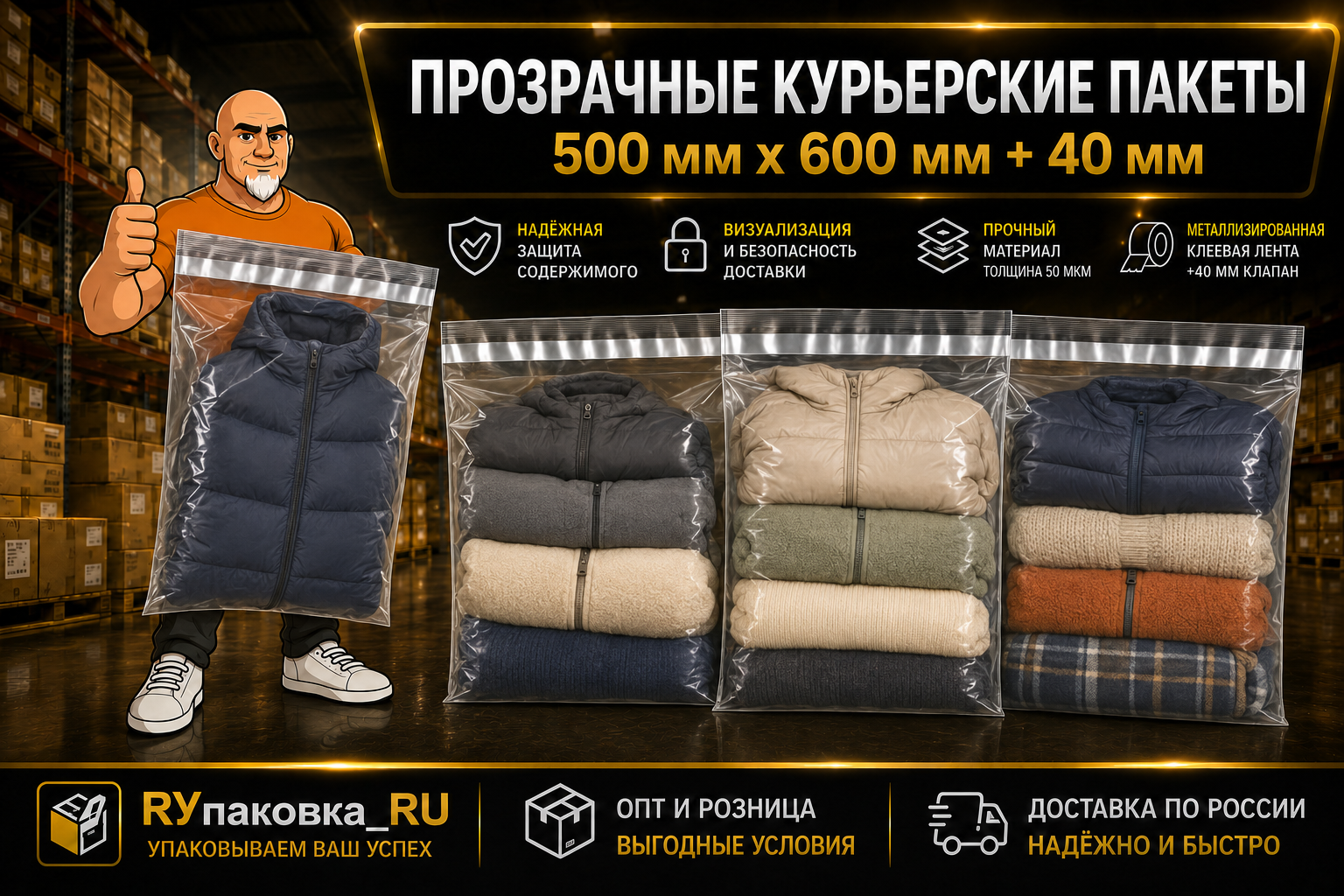 Прозрачный курьерский пакет 500 × 600 мм, клеевой клапан +40 мм, 50 мкм