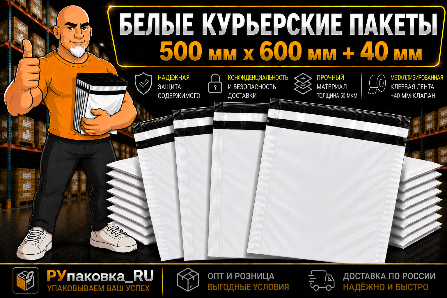 Курьерский пакет 500 × 600 мм, клеевой клапан, 50 мкм