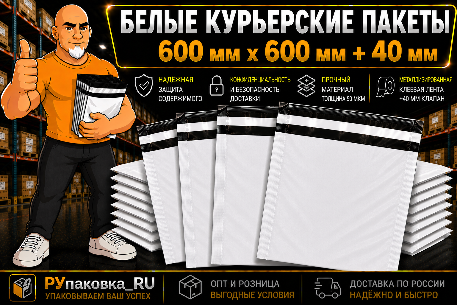 Курьерский пакет 600 × 600 мм, клеевой клапан, 50 мкм